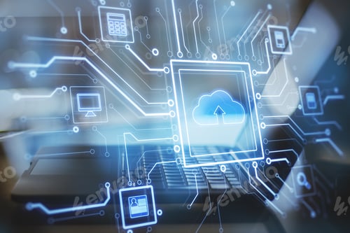 Preview: Close Up Of Notebook Computer At Desktop With Abstract Glowing Circuit Cloud Computing Interface On
