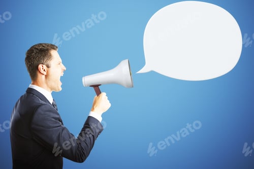Preview: Side View Of Handsome Young Businessman Screaming Into Megaphone On Blue Background With Empty