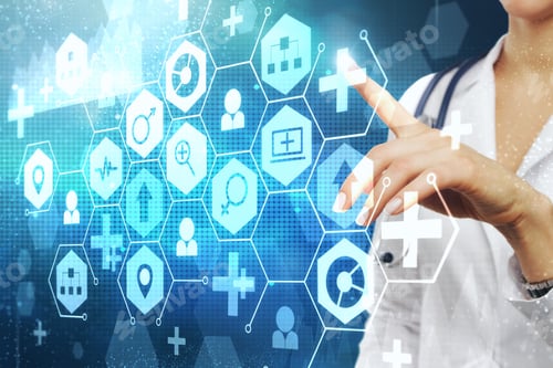 Preview: Female Doctor Hand Using Creative Medical Interface On Blurry Background. Medicine And Science