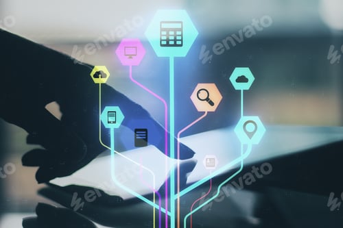 Preview: Close Up Of Female Hands Using Touchpad With Ceative Glowing Media Interface On Blurry Background