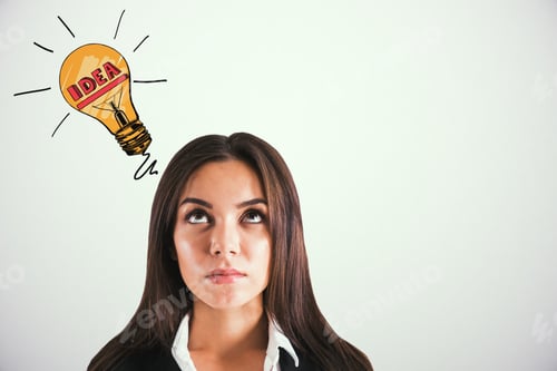 Preview: Portrait Of Attractive Young European Businesswoman With Lamp Sketch On Concrete Wall Background