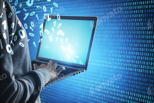 Preview: Side View Of Businessman Hand Using Laptop With Abstract Binary Code. Technology, Computing And