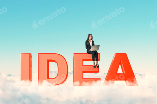 Preview: Young Businesswoman With Laptop Sitting On Red Idea Text. Blue Sky Background. Creativity And