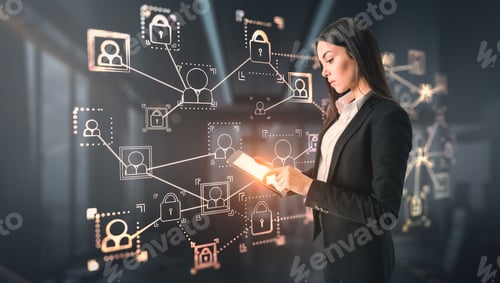 Preview: Side View Of Attractive Young European Businesswoman Using Tablet With Glowing Business Interface