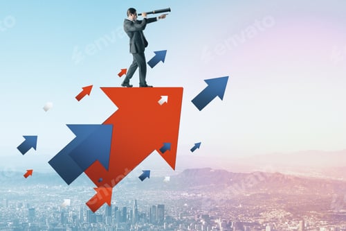 Preview: Businessman With Telescope Standing On Color Arrows On City Background. Success And Startup Concept.