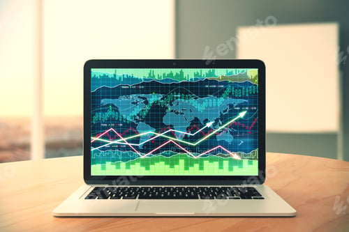 Preview: Laptop Screen With Business Chart With Arrows On Wooden Table