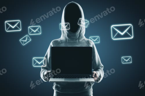 Preview: Hacker Holding Empty Laptop With Digital Emails On Blue Background. Email And Thief Concept