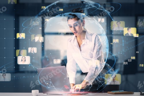 Aperçu: Business Society And Networking Concept With Young Businesswoman Using Laptop On The Table And