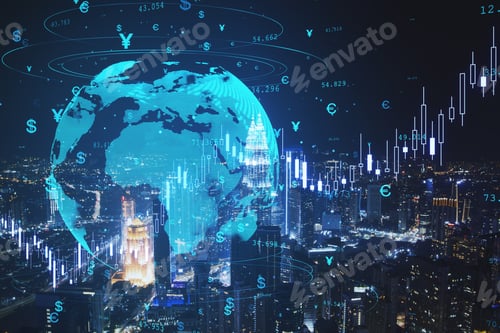 Preview: Creative Globe Hologram With Money Signs And Candlestick Graph On Blurry Night City Background