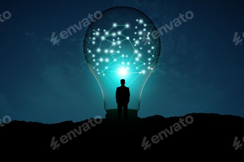 Preview: Back View Of Backlit Man Looking At Creative Glowing Lamp With Polygonal Connections On Night