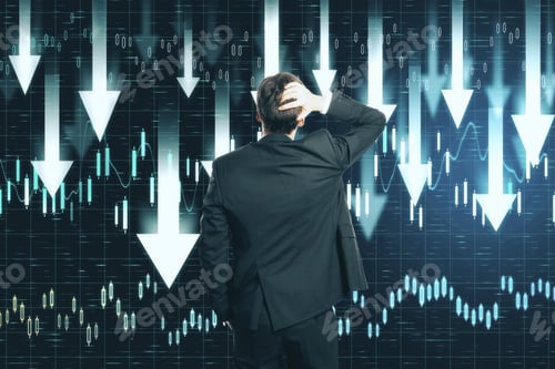 Preview: Back View Of Young Businessman Thinking About Digital Falling Arrows On Forex Chart Background