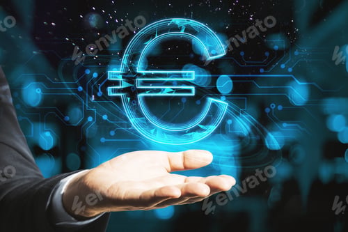 Preview: Close Up Of Businessman Hand Holding Creative Glowing Polygonal Euro City Hologram On Blurry Bokeh