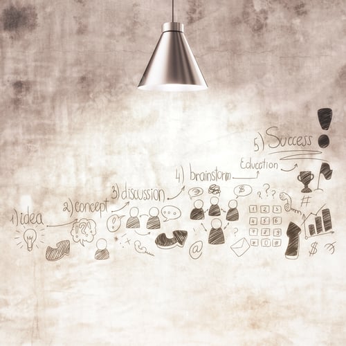 Preview: Textured Concrete Wall With Lamps And Creative Business Doodle. Startup And Training Concept