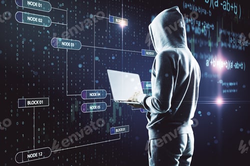 Preview: Hacker Using Laptop With Dark Glowing Big Data Interface. Malware And Futuristic Concept. Double