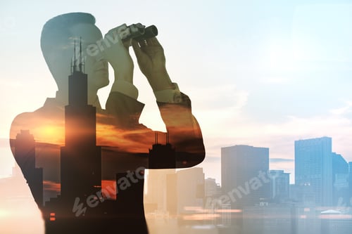 Preview: Abstract Silhouette Of Man With Binoculars Looking Into The Distance On Bright City Background With