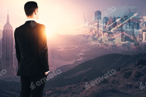 Preview: Side View Of Young Businessman Looking At Abstract New York City View Forex Chart And Sunlight