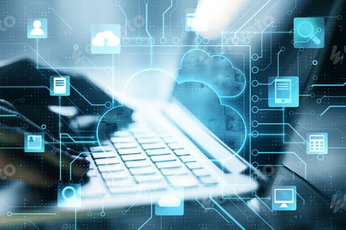 Preview: Cloud Computer Storage Concept With Digital Screen With Cloud Service Application Items And Fingers
