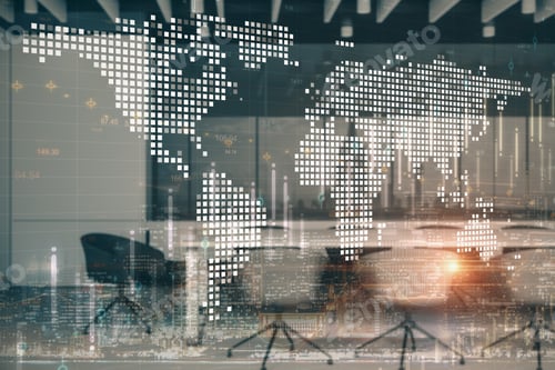 Vista previa: Abstract Blurry Office Interior With Digital Map And Forex Chart. Global Business And Analytics