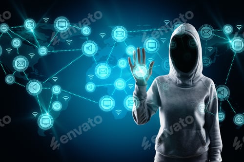 Preview: Social Network And Malware Concept. Hacker With Glowing Connections On Blue Digital Map