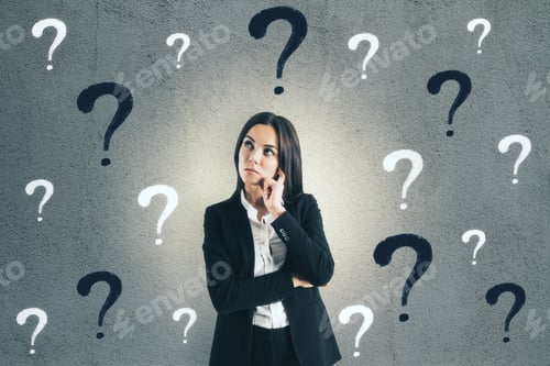 Preview: Portrait Of Attractive Young Businesswoman With Question Marks. Think And Doubt Concept