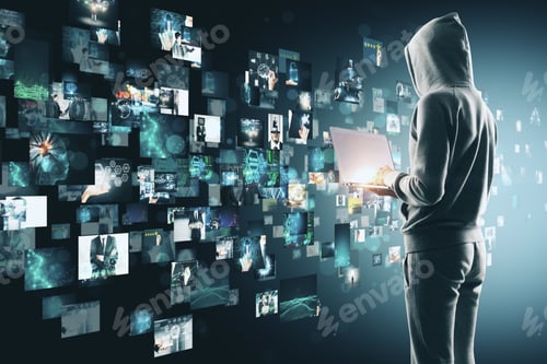 Preview: Person In Hoodie And With Laptop Hacking Creative Digital Picture Gallery. Media And Virus Concept