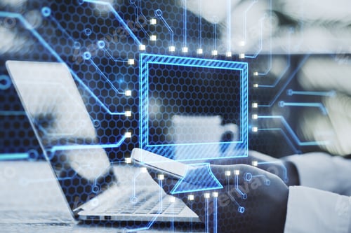 Preview: Close Up Of Man Hands Using Laptop With Abstract Glowing Computer Monitor Chip And Circuit Hologram