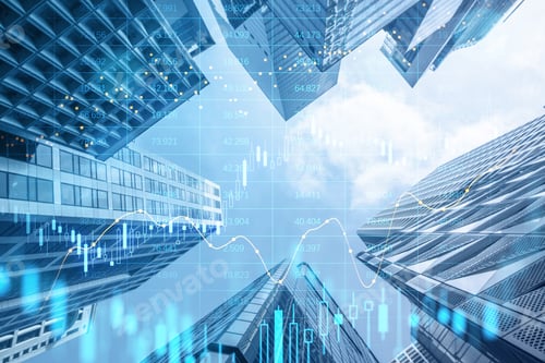 Preview: Creative Glowing Big Data Forex Candlestick Chart On Blurry City Background. Trade, Technology