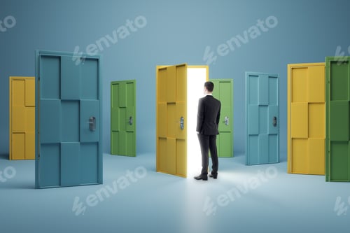 Preview: Businessman Standing In Front Of Abstract Colorful Puzzle Door In Interior. Future, Choice
