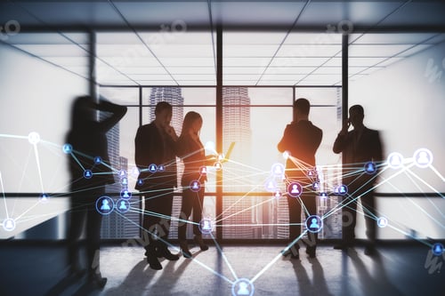 Preview: Businesspeople Working Together In Modern Office With Abstract Glowing Polygonal Network With