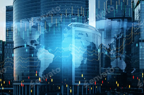 Preview: Business Charts And World Map Hologram On Modern Building Background. Business Trading Concept