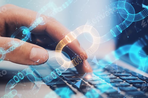 Preview: Blockchain Cryptocurrency Global Network Concept With Digital Chain Screen On Man Hand Typing On