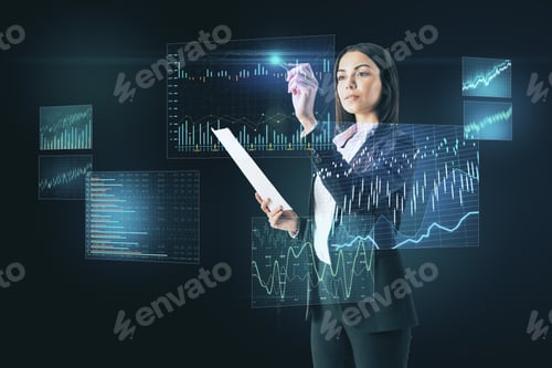 Preview: Businesswoman With Document Drawing Business Statistics Hologram. Finance And Trade Concept.