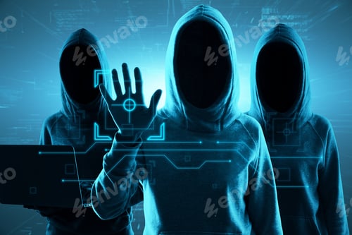 Preview: Hacking Attack And Internet Security Concept With Faceless Hackers In Hoody Using Laptop And