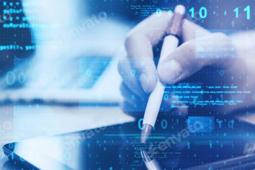 Preview: Close Up Of Hand With Pen Using Digital Tablet At Desktop With Abstract Glowing Blue Coding