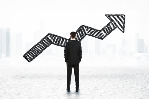 Preview: Back View Of Young Man Looking At Banner With Drawn Arrow On Abstract City Background. Success And