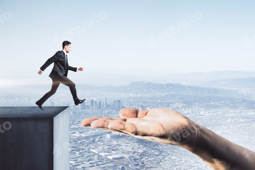 Preview: Businessman Jumping From Roof To Hand On Modern City Skyline Background. Leadership And Success