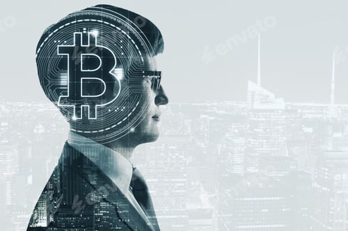 Preview: Side Portrait Of Handsome European Businessman With Bitcoin On Abstract City Background With Copy