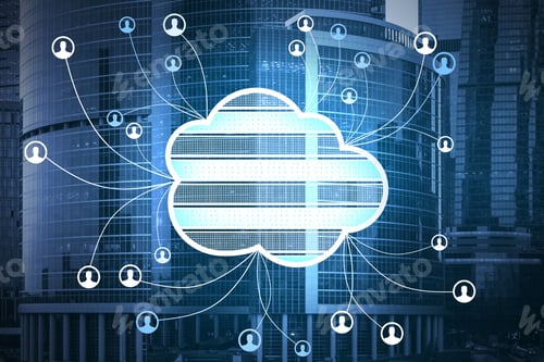 Preview: Abstract Cloud Computing Hologram On Blurry City Background. Technology, Database, Communication