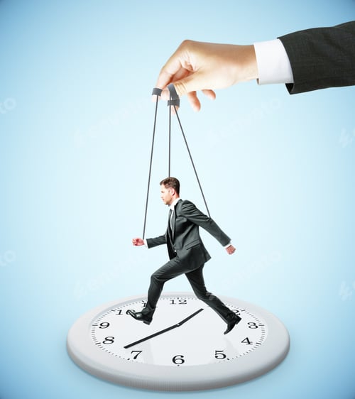 Preview: Huge Hand Making Businessman Run On Abstract Clock. Light Blue Background. Manipulation And Control