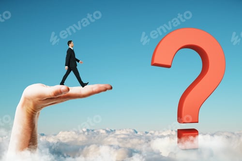 Preview: Businessman Standing On Abstract Hand And Red Question Mark And Looking Into The Distance. Blue Sky
