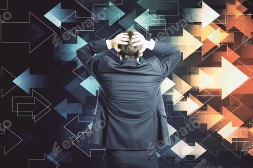 Preview: Shocked Businessman Looking On Abstract Arrows. Business And Challenge Concept.