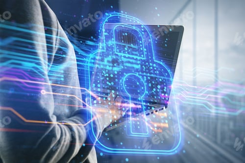 Preview: Hacker Using Laptop With Creative Glowing Digital Padlock Hologram On Blurry Office Interior