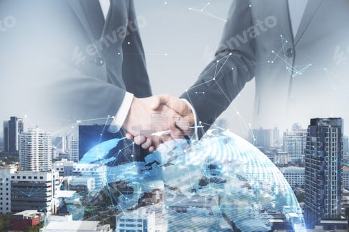 Preview: Businessmen Shaking Hands On Bright White City Background With Globe And Polygonal Connections