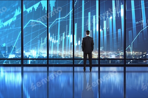 Preview: Business Investment Concept With Digital Screen On Window With Stock Market Chart And Businessman