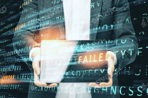 Preview: Businessman Holding Tablet With Hacking And Cyber Attack Interface. Hacking And Creativity Concept.