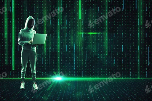 Preview: Young Hacker With Laptop Standing On Abstract Glowing Binary Code Background. Hacking And Attack