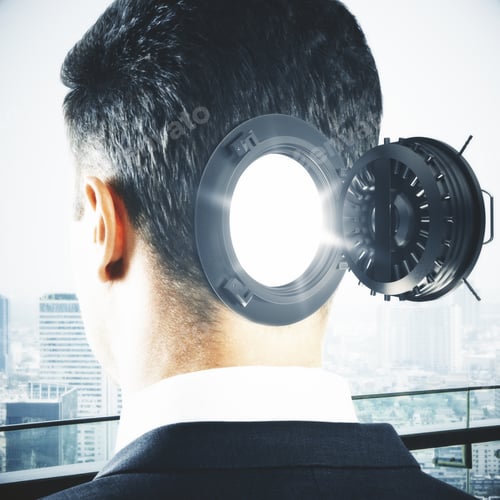 Preview: Abstract Back Portrait Of Vault Headed Businessman On City Background. Safe Concept