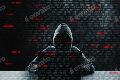 Preview: Hacker At Desk Using Laptop With Binary Code. Computing And Phishing Concept. Double Exposure
