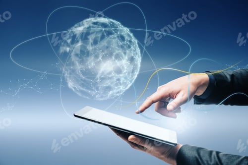 Preview: Close Up Of Businessman Hand Pointing At Cellphone With Abstract Metaverse Sphere On Blurry Blue