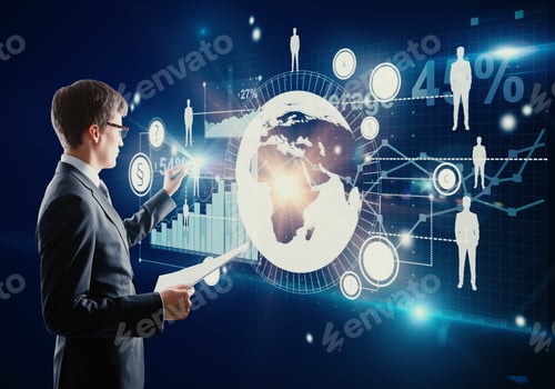 Preview: Businessman With Document In Hand Managing Abstract Business Panel On Digital Background. Finance